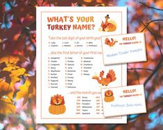 Add some extra fun to your friendsgiving gathering or family thanksgiving dinner with this turkey name game. It's easy to play and a fun activity for all ages! Take the last digit of your birth year plus the first letter of your first name and the month you were born and write the resulting funny turkey name on your name tag.  The blank name tags are included (8 per page, print as many as you need). You can also use it as a Thanksgiving classroom activity or thanksgiving family reunion game.  🎶 Turkey Names, Turkey Name Game, Dinner Table Games, Friendsgiving Game, Thanksgiving Name Cards, Thanksgiving Classroom Activities, Friendsgiving Games, Thanksgiving Classroom, Reunion Games