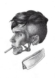 a drawing of a man's head with a pipe in his mouth