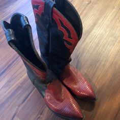 Size 7.5 - Black And Red Vintage Tony Lama Boots Red Snip Toe Boots With Red Sole, Red And Black Cowboy Boots, Vintage Tony Lama Boots Womens, Vintage Red Boots With Leather Sole, Tony Lama Mens Cowboy Boots, Tony Lama Boots, Tony Lama, Red Vintage, Shoes Heels Boots