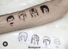 a person with a tattoo on their arm has five different faces and haircuts