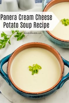 two bowls filled with cream cheese soup and garnished with parsley on the side