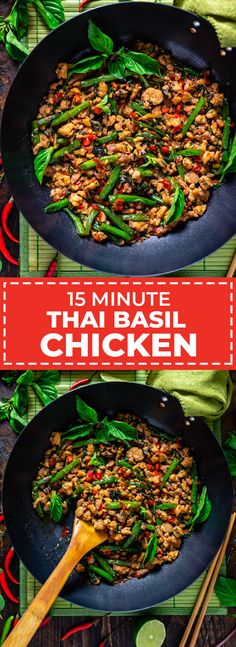 two pans filled with chicken and vegetables on top of a green place mat next to chopsticks