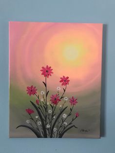 a painting of pink and white flowers in front of a colorful sky with the sun behind it