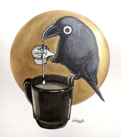 a drawing of a bird on top of a cup with liquid pouring out of it