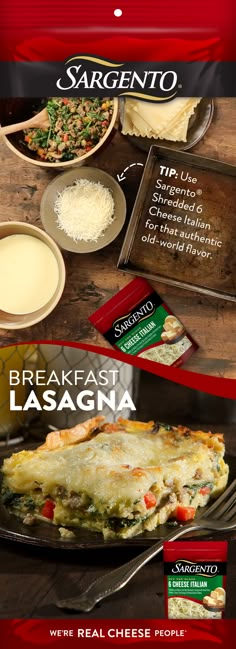 an advertisement for sarento's breakfast lasagna