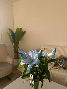 a vase filled with blue flowers sitting on top of a table next to a couch