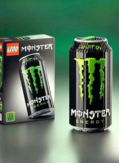 a can of lego monster energy drink next to a box with the logo on it