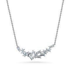 This cluster pendant necklace draws inspiration from the shining Milky Way and glistens with its out-of-this-world elegance.  Crafted with sterling silver, rhodium plated, stamped 925, nickel free. Set with premium quality 1.82 carat total (4mm x 2mm) baguette cubic zirconia in prong setting. Adjustable chain measures 16"-18" in length. Pendant measures 0.37" (L), 1.33" (W). Lobster claw clasp. Diamond Cluster Necklace, Necklace Drawing, Celebrity Jewelry, Bar Pendant Necklace, Fancy Necklace, Necklace Extender, Cluster Necklace, Cz Pendant, Fancy Jewellery