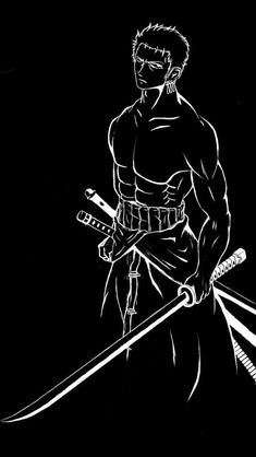 a black and white drawing of a man with two swords in his hands, standing against a dark background