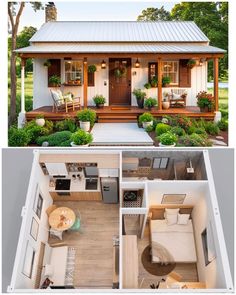 two pictures of small houses with porches and living areas