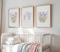 three framed pictures hang on the wall above a white crib with pillows and blankets