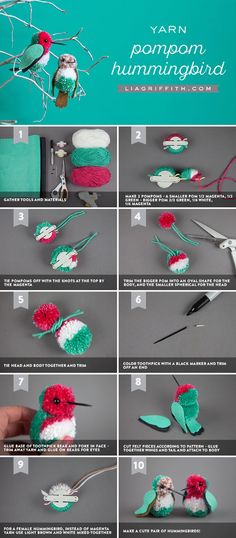 the instructions for how to make an origami hummingbird with pompom