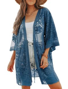 PRICES MAY VARY. This beach kimono is suitable for customers of various sizes. The loose open-front design and waist tie can easily adjust the fit to accommodate different body types. This cover up features exquisite lace embroidery, adding an elegant touch. The delicate lace embroidery detail showcases feminine charm. The 3/4 length sleeves also visually elongate the arms, creating a elongated overall look. It can be paired with various outfits, adding a sense of fashion and versatility. Pair i Gilet Kimono, Crochet Cardigan Free, Mode Kimono, Lace Kimono, Lace Cardigan, Duster Cardigan, Long Kimono, Navy Lace, Short Sleeve Cardigan