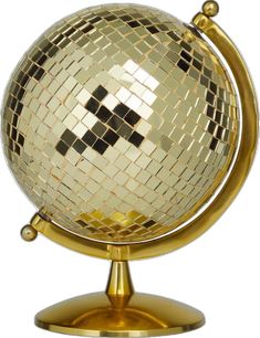 a gold and white disco ball sitting on top of a metal stand