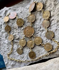 Vintage Metal Necklace With Coin Pendant, Vintage Metal Coin Pendant Necklace, Vintage Metal Coin Necklace, Handmade, Vintage Metal Coin Necklace, Vintage Chain Necklace With Coin Pendant, Vintage Long Necklace With Coin Pendant, Vintage Handmade Metal Coin Necklace, Handmade Vintage Dangle Chain Necklace, Vintage Coin Necklaces