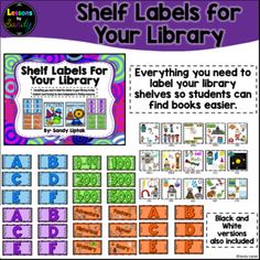 the shelf labels for your library are shown in purple, orange and green colors with colorful letters