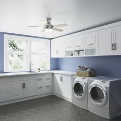 a washer and dryer in a room with blue walls