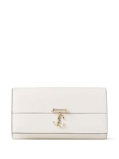 Avenue leather chain wallet from JIMMY CHOO featuring milk white, leather, matte finish, faux-pearl embellishment, crystal embellishment, gold-tone logo plaque, contrasting trim, detachable shoulder strap, foldover top with magnetic fastening, main compartment and internal zip-fastening pocket. Chic Wallet On Chain With Metal Logo For Everyday, Elegant Wallets With Chain Strap, Elegant Wallets With Gold-tone Logo Plaque, Elegant Everyday Wallets With Gold-tone Logo Plaque, Elegant Wallet On Chain With Gold-tone Logo, Elegant Wallets With Detachable Strap, Elegant Wallet On Chain With Gold-tone Logo Plaque, Elegant Formal Wallet On Chain With Gold-tone Logo, Chic Wallet On Chain With Gold-tone Logo For Everyday