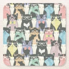 many cats wearing glasses and bow ties are depicted in this colorful wallpaper pattern,