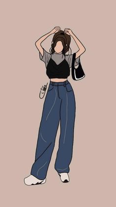 a drawing of a woman with her hands on her head, wearing blue jeans and a black top