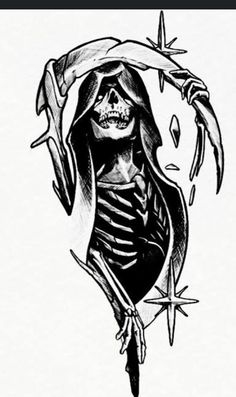 a black and white drawing of a skeleton holding a knife