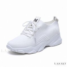 Lasaky - Comfort-First Women's Athletic Sneakers with Airy Mesh White Casual Slip-on Sneakers With Elastic Laces, Chunky Sneakers For Light Sports In Spring, Spring Chunky High-top Sneakers For Light Sports, Spring High-top Chunky Sneakers For Light Sports, White Comfortable Chunky Sneakers For Spring, White Breathable Platform Sneakers For Spring, White Casual Chunky Sneakers For Summer, Comfortable White Chunky Sneakers For Spring, Casual White Chunky Sneakers For Summer