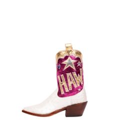 Not for the faint of heart, these YEE HAW midi boots are vintage kitschy perfection, elevated with on-trend metallics and our signature lazy stars and hearts. Pearlized white ostrich vamps are set off to perfection with magenta shaft uppers accented with mixed metallics in gold, purple, and metallic silver. Western Homecoming Dresses With Boots, Bridal Cowboy Boots, Miron Crosby, Cma Fest, Stars And Hearts, Cowboy Aesthetic, Ankle Cowboy Boots, Star Motif, Gold And Purple