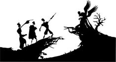 the silhouettes of three people on top of a hill, one holding an arrow