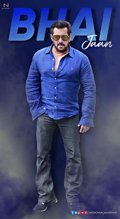 a man with sunglasses standing in front of a blue background and the words bhaj taran written on it