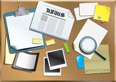 clippings and papers with magnifying glass on wooden table stock photo image