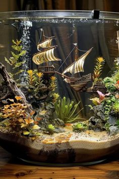 an aquarium filled with lots of different types of plants and boats in the middle of it