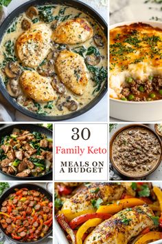 a collage of photos with the words family keto meals on budget written below