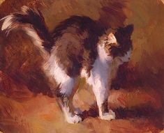 a painting of a cat standing on the ground in front of a brown and white background