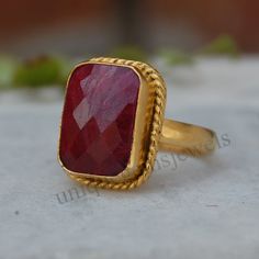 Raw Rich Red Ruby 925 Sterling Silver Ring, 18K Rose Gold, 18K Yellow Gold Ring, Raw Red Cushoin Cut Ruby Zodiac Jewelry, Artisan Ring Gemstone : Red Ruby Stone Size : 10 x 14 mm Ring Size : Please Choose Your Size stone Color : Red Material : Please choose your metal It's a unique gift for anyone zodiac style ring . Please Notice before checkout :- Due to we use natural stones, the stones may vary slightly in shape, size and color. Contact us for any other gemstone customization before checkout Luxury Red Ring With Bezel Setting, Luxury Ruby Ring With Bezel Setting For Gift, Luxury Ruby Ring With Bezel Setting As Gift, Luxury Bezel Set Ruby Ring Gift, Red Ruby Ring With Bezel Setting Gift, Gift Red Ruby Ring With Bezel Setting, Gift Ruby Ring With Bezel Setting, Handmade Luxury Red Ruby Ring, Yellow Gold Amethyst Ring