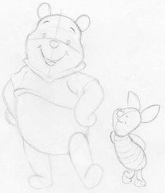 a drawing of winnie the pooh and her honeybee friend, drawn in pencil