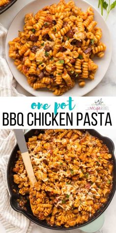 one pot bbq chicken pasta in a skillet and another photo with the title above it