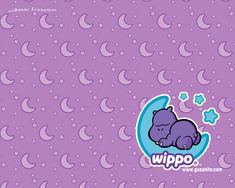 a purple wallpaper with an image of a hippo sleeping on the moon and stars