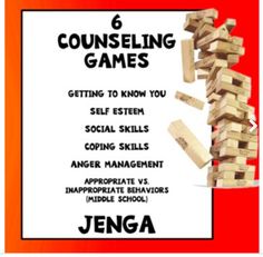 Work with you Upper grades through High School Students on improving their behaviors, managing anger, social skills, self esteem and coping skills with one JENGA. Teach Social and Emotional Learning skills for 5 topics, plus a rapport building version for school psychologists, counselors and teachers. Jenga Emotions Game, Games For Social Skills, Rapport Building Activities Therapy, Jenga Questions, Games For Middle Schoolers, Rapport Building, Anger Coping Skills, Social Emotional Learning Games, Therapist Resources