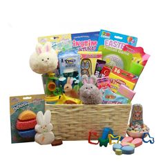 a basket filled with toys and stuffed animals