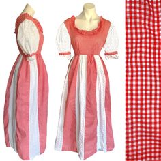 Rare Gorgeous True Authentic Vintage Empire Waist Peasant Dress. Size Not Readable Anymore, Best For M, Please Check Measurements & Ask If More Questions. Red & White Voluminous Gingham Dress Wide Panels With Floral Eyelet Embroidery Eyelet Embroidered Short Puff Sleeves With Scalloped Edge Wide & Deep Ruffled Front & Back Neckline This Is Not A Flimsy Dress, It Has A Lot Of Fabric To It Back Zipper Thick Cotton (?) Liner From The Waist Down To Hem 19” Pit-Pit, 15” Waist, 55” Length In Great Preloved Condition :: Ditzy Farmers Market Oktoberfest Alpine Dirndl Bloomcore Fairycore Whimsical Traditional Amish Vtg Ooak Retro Boho Cottagecore Coastal Grandma Core Granny Core Old Count Flimsy Dress, Bavarian Dress, Cottagecore Coastal, Vintage Gingham, Eyelet Embroidery, Grandma Core, Boho Cottagecore, Coastal Grandma, Peasant Dress