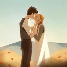 a painting of a couple kissing in the desert