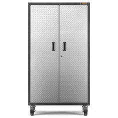 a metal cabinet with two doors and wheels on the bottom, in front of a white background