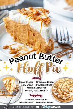 slice of Peanut Butter Fluff Pie served on a white plate. ingredients to make Peanut Butter Fluff Pie. Fluffernutter Pie, Peanut Butter Fluff, Peanut Butter Dessert Recipes, Fluff Desserts, Cracker Crust, Bake Dessert