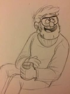 a drawing of an old man with glasses and a beard holding a cup in his hand