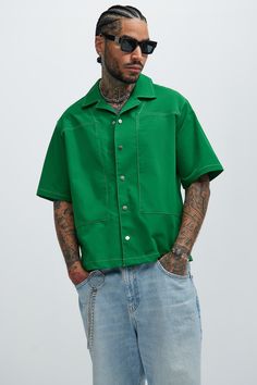 Green Tops With Pockets And Casual Collar, Green Top With Pockets And Casual Collar, Relaxed Fit Green Shirt With Button Closure, Green Relaxed Fit Shirt With Button Closure, Green Tops With Button Closure And Casual Collar, Green Shirt With Casual Collar And Buttons, Green Shirt With Buttons And Casual Collar, Green Button-up Tops With Pockets, Oversized Green Shirt With Buttons