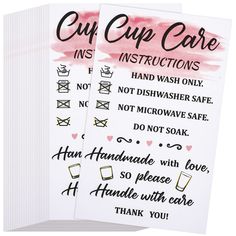 two handmade cut cup care instructions on top of each other, with the words cut cup care written in black ink