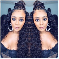 a woman with very long curly hair is shown in front of a mirror and wearing earrings