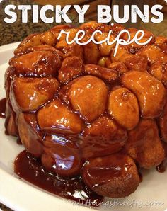 sticky buns recipe on a plate with chocolate sauce