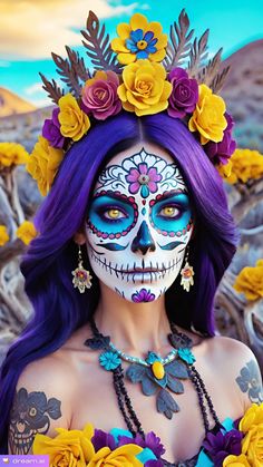 Dia de los muertos.  Enjoy 🌛  magic of AI 🌜 Makijaż Sugar Skull, Catrina Costume, Halloween Makeup Sugar Skull, Sugar Skull Costume, Sugar Skull Artwork, Creepy Halloween Makeup, Mexican Culture Art, Halloween Makeup Diy