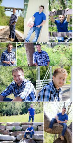 a collage of photos with a man in blue shirt and jeans sitting on a tree branch